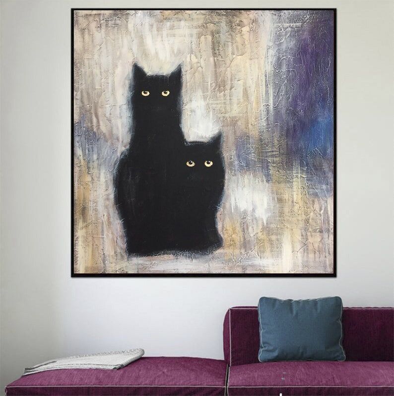 Peinture à l'huile de chats noirs : Art animalier abstrait sur toile