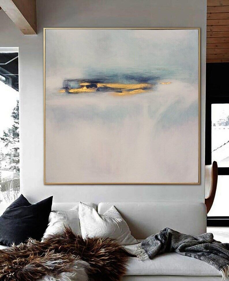 Peinture abstraite minimaliste : Bleu, Or et Brume - Toile 32" x 32"