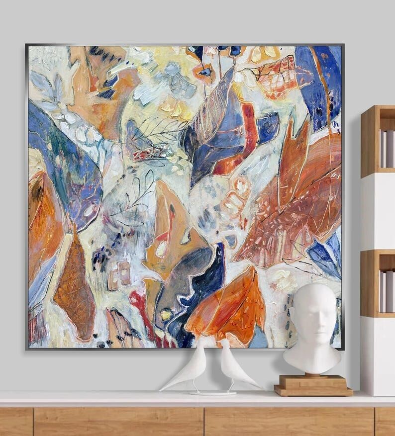 Peinture abstraite botanique : Toile aux tons chauds de la terre, 81 x 81 cm