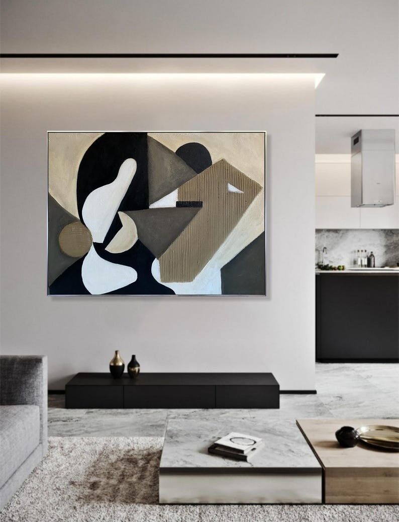 Grande toile abstraite géométrique – Peinture moderne texturée beige et noire pour la décoration murale