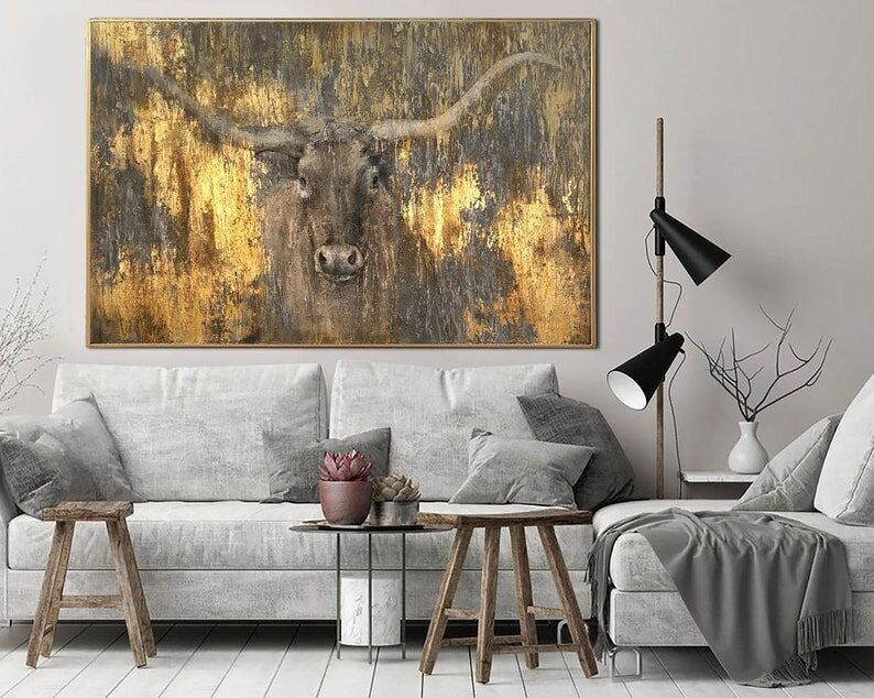 Peinture originale de Longhorn : Huile sur toile texturée à la feuille d'or
