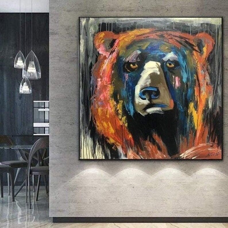 Tableau d'ours grizzly : Art animalier, toile abstraite moderne