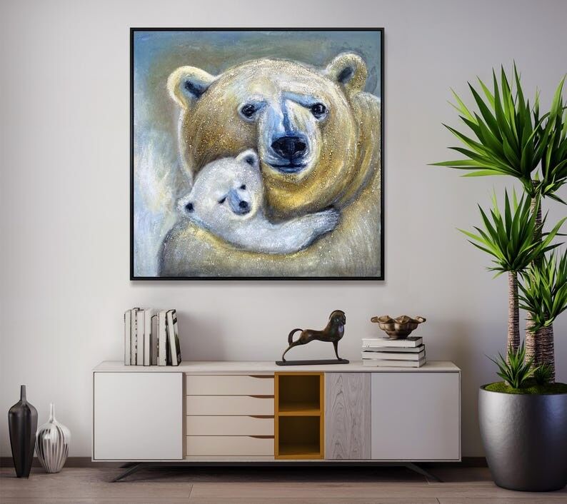 Tableau d'une mère ours polaire et son petit – Art animalier abstrait sur toile texturée – Décoration murale