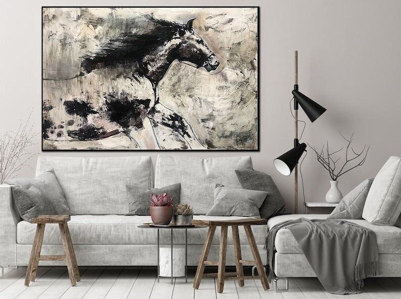 Abstract Horse Painting – Black & White Running Horse Wall Art