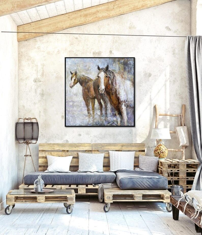 Tableau rustique de chevaux – Décoration murale romantique sur toile texturée de style ferme