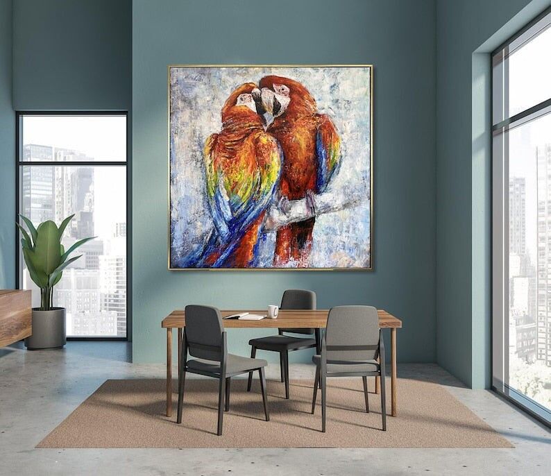 Grande peinture à l'huile représentant un perroquet ara coloré – Décoration d'intérieur abstraite tropicale