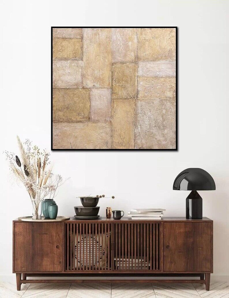 Peinture abstraite beige texturée : Art mural géométrique en plâtre Japandi sur toile