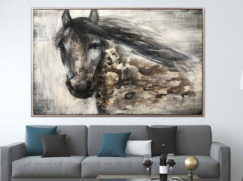 Tableau de cheval sur toile – Art mural abstrait rustique représentant un cheval, grande décoration d'intérieur animalière