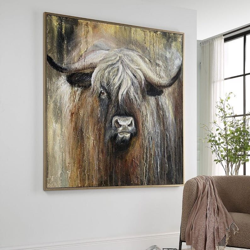 Peinture texturée d'une vache des Highlands : Portrait d'animal de ferme rustique