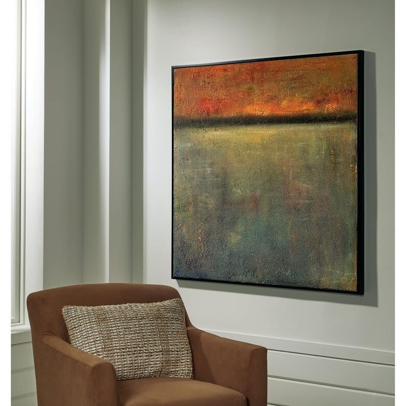 Tableau abstrait texturé rouge et vert sur toile : Art mural minimaliste moderne