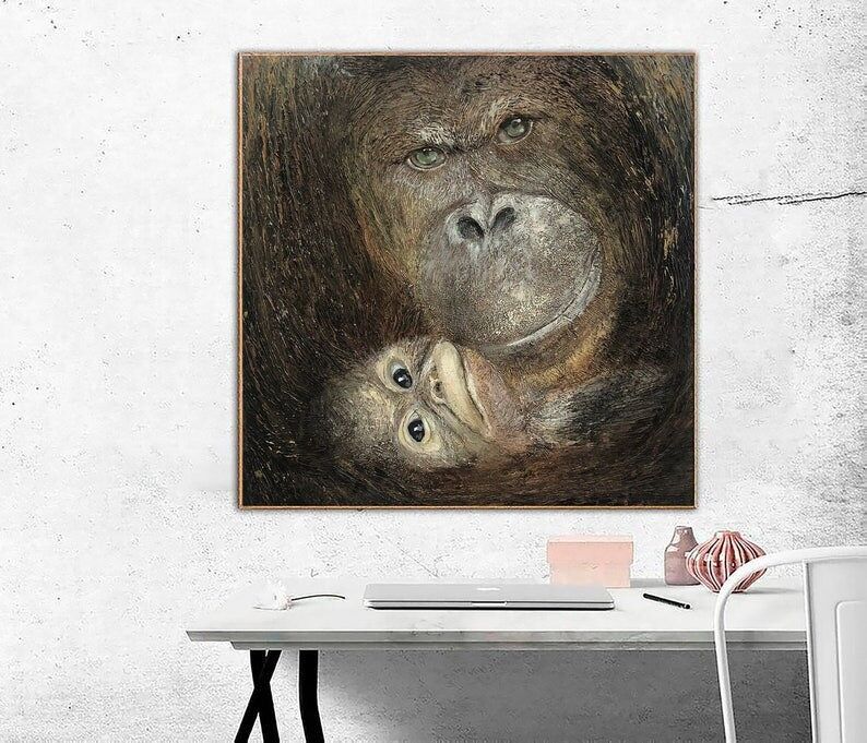 Peinture abstraite d'un gorille et de son bébé : œuvre d'art animalière texturée sur toile