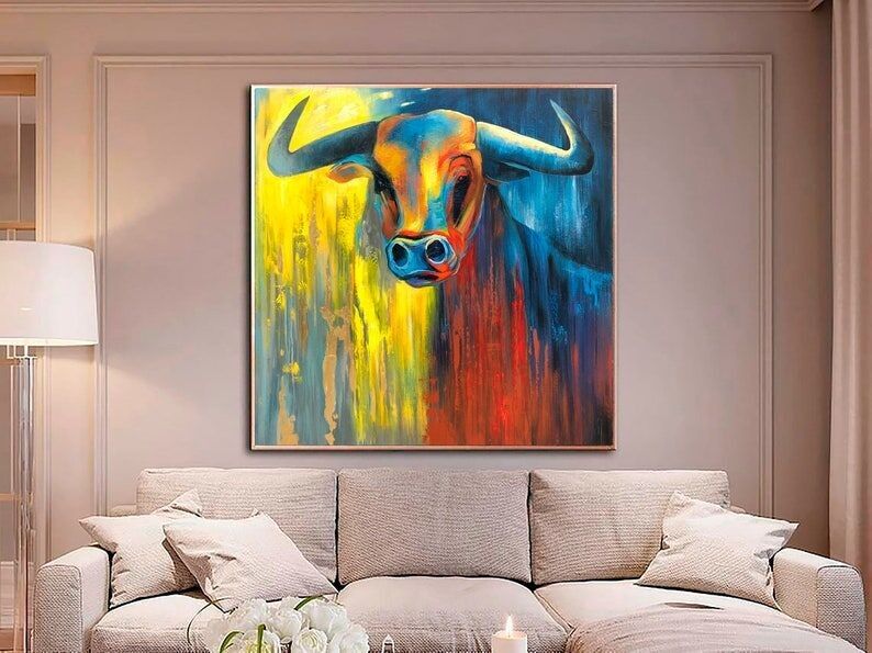 Peinture abstraite de taureau – Art mural animalier moderne et coloré, huile sur toile à symbolisme puissant