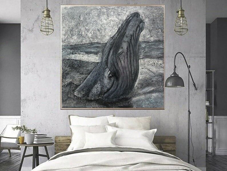 Tableau texturé de baleine – Art mural abstrait de baleine à bosse, toile moderne inspirée de l'océan