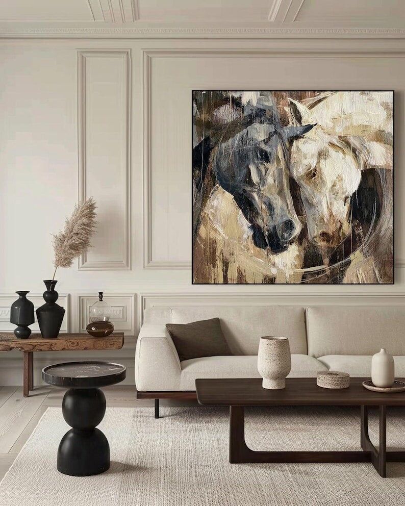Peinture abstraite texturée de chevaux : Art équestre rustique de ferme