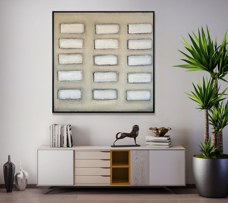 Peinture abstraite minimaliste à blocs blancs – Toile texturée neutre