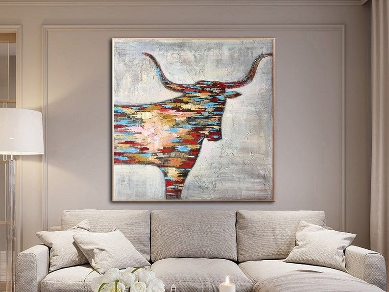 Tableau coloré d'un taureau Longhorn – Art animalier abstrait de l'Ouest, décoration murale moderne et rustique sur toile