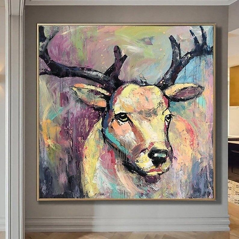 Tableau abstrait coloré représentant un cerf – Art animalier moderne sur toile pour une décoration rustique ou contemporaine
