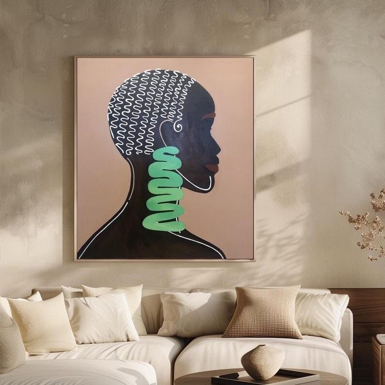 Peinture minimaliste afrocentrique de silhouette noire, portrait de profil, art mural