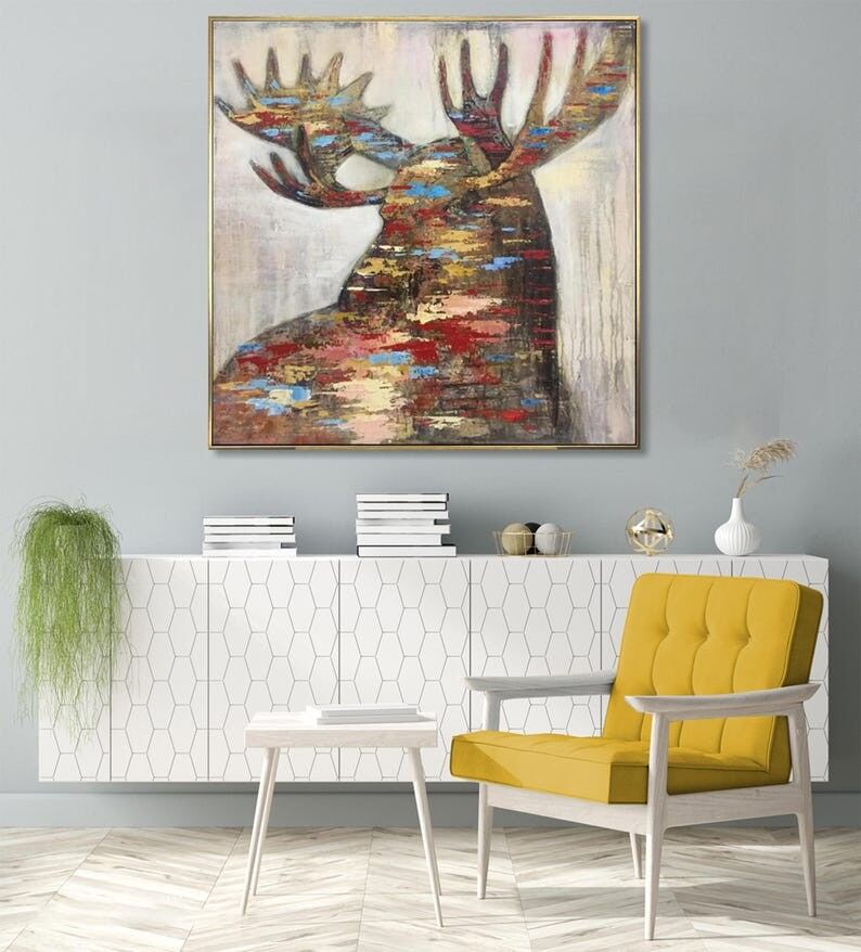 Tableau d'orignal coloré – Toile abstraite représentant la faune sauvage, décoration murale rustique sur le thème des bois