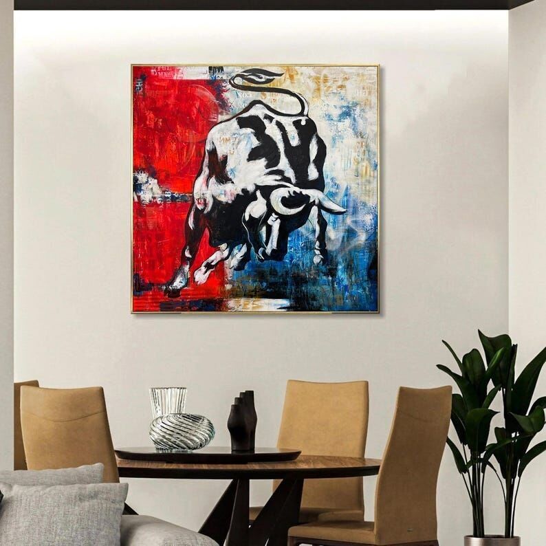 Tableau abstrait de taureau – Toile murale moderne avec un animal rouge et bleu