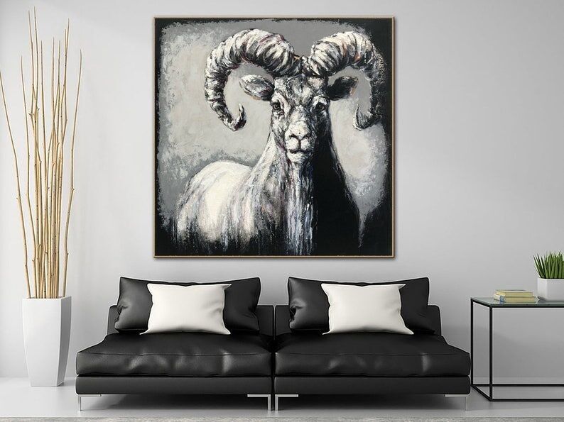 Peinture à l'huile originale d'un bélier sur toile – Portrait animalier rustique, décoration murale de ferme, style faune texturé
