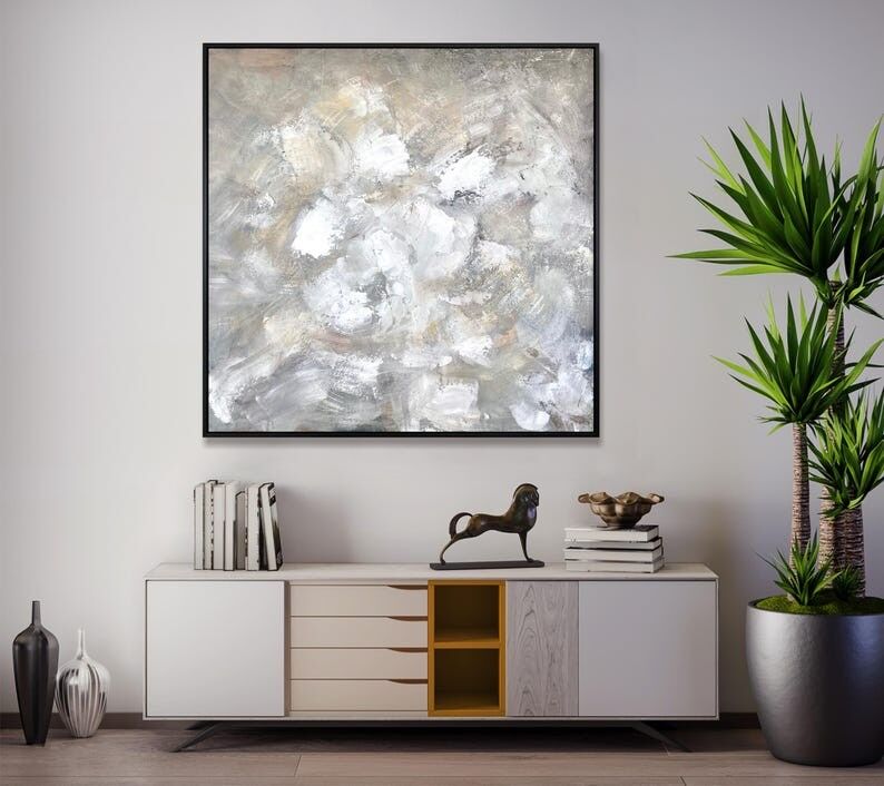 Tableau abstrait neutre – Toile moderne texturée blanche et grise