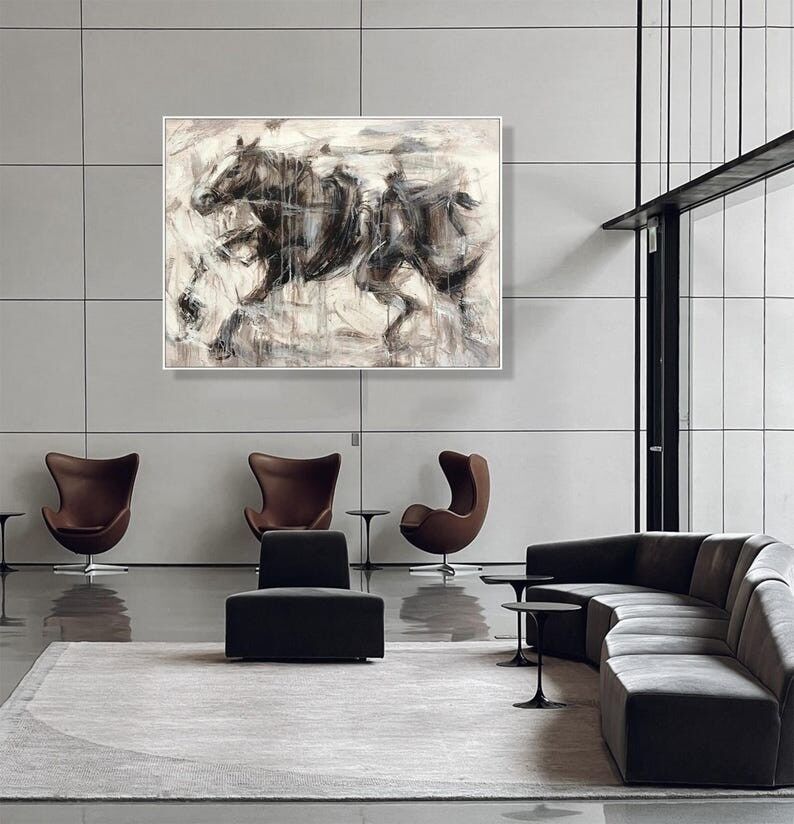 Grande peinture abstraite de cheval en noir et blanc, art mural équestre pour décoration moderne