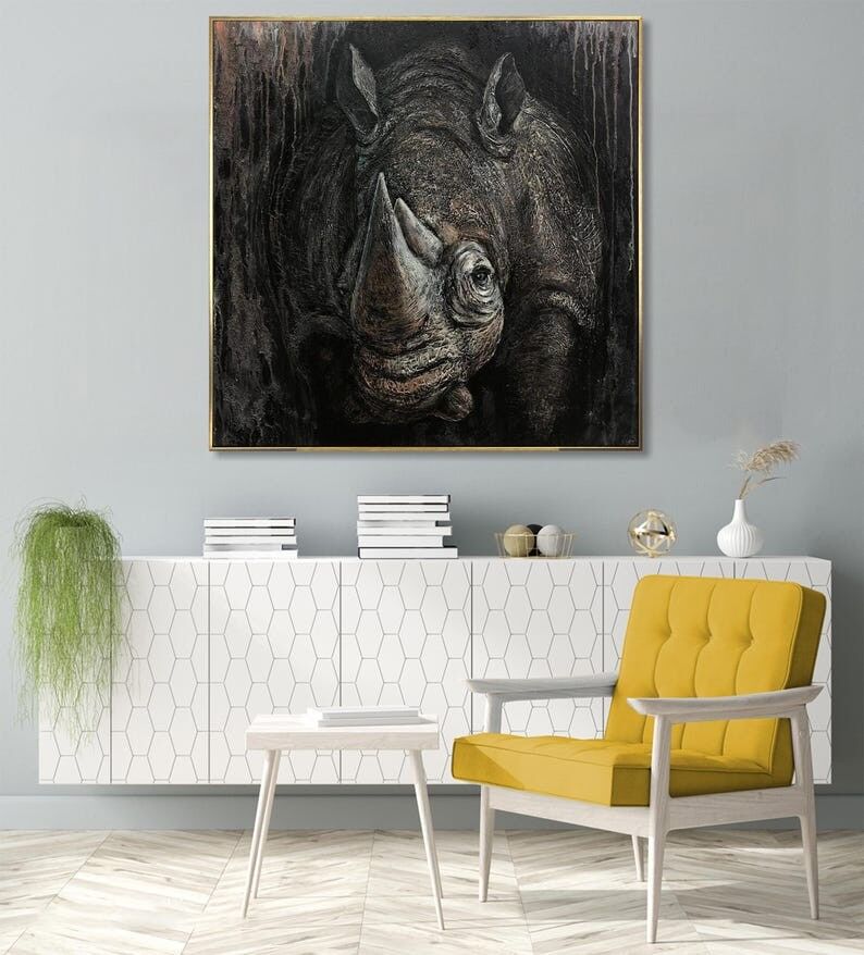 Tableau texturé de rhinocéros – Art animalier réaliste sur toile foncée, Décoration murale safari