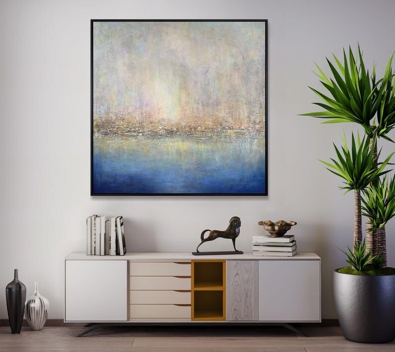 Peinture abstraite de paysage marin – Décoration murale sur toile bleu et beige doux Océan