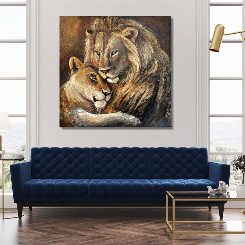 Grand tableau de lion et lionne – Toile murale sur le thème de l'amour animal