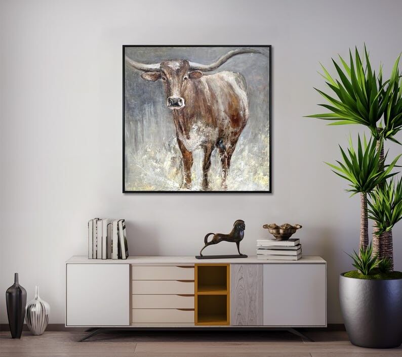 Tableau de taureau Longhorn du Texas – Art mural rustique animalier de l'Ouest