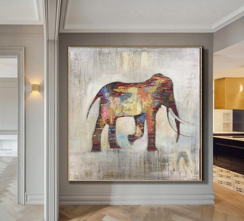 Tableau abstrait coloré d'un éléphant, peinture à l'huile texturée sur toile, décoration murale pour salon