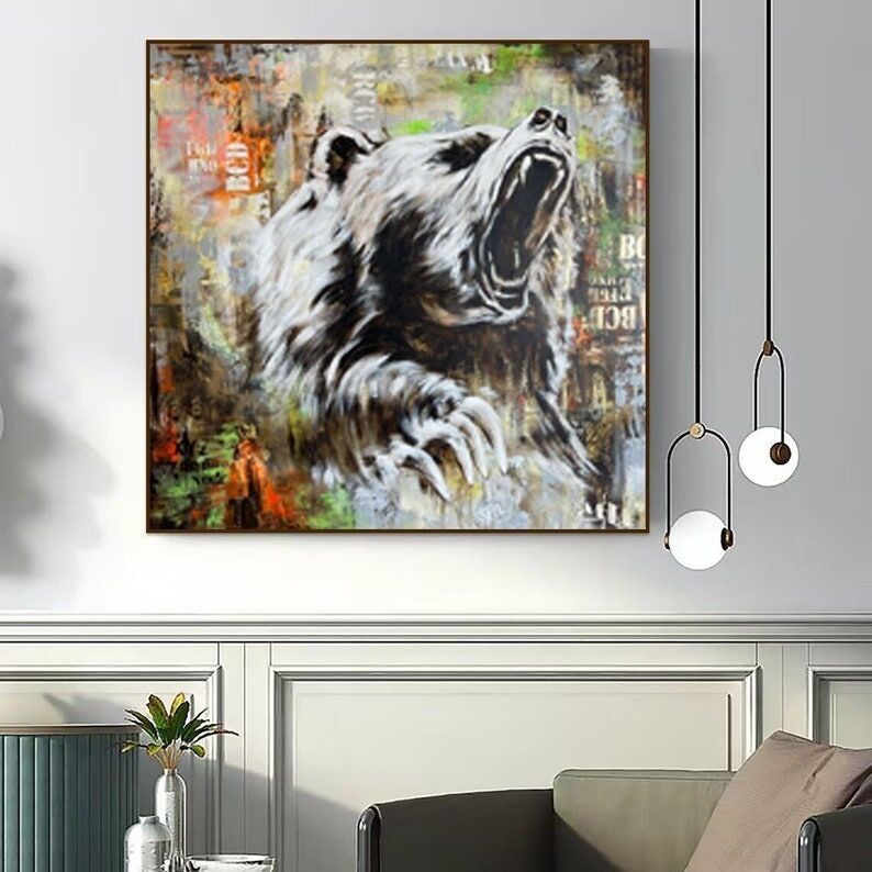Tableau Ours Rugissant – Peinture abstraite urbaine sur toile, décoration intérieure moderne inspirée de la faune sauvage