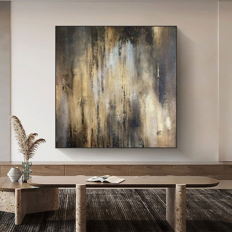 Tableau abstrait or foncé, œuvre d'art murale moderne texturée sur toile, décoration intérieure métallique de luxe