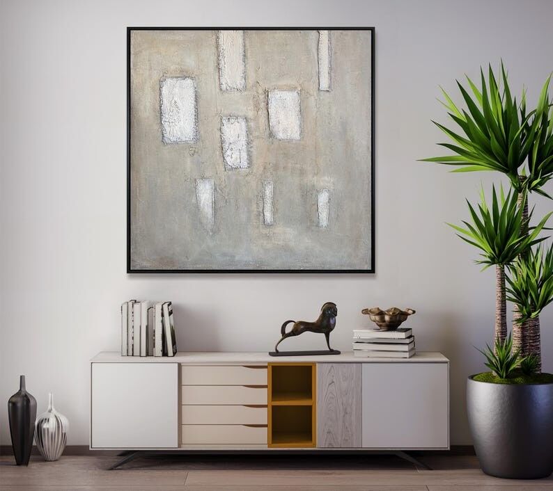 Peinture abstraite texturée aux tons neutres – Art mural moderne et minimaliste sur toile dans des tons beiges et gris