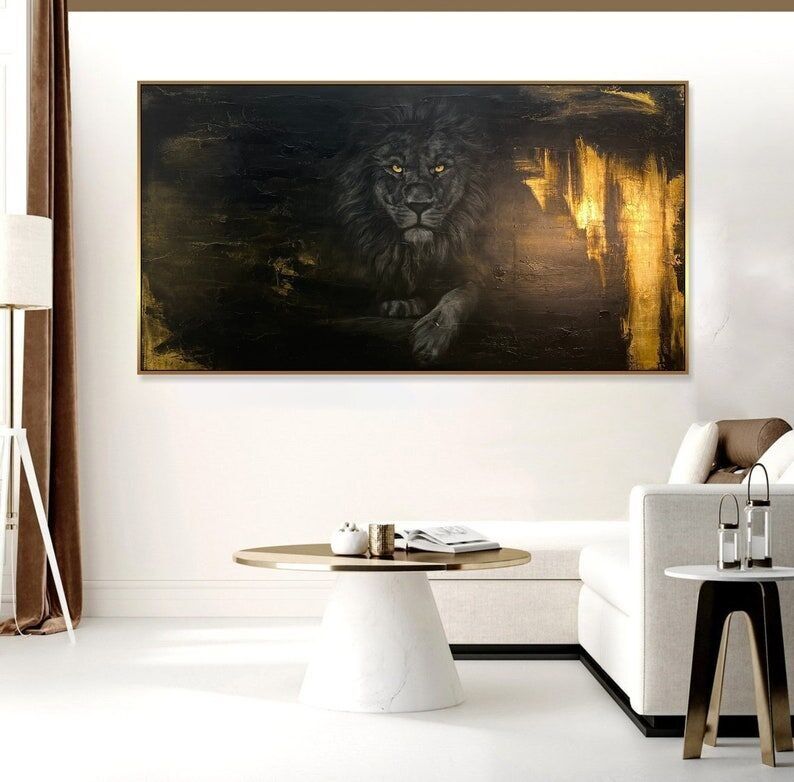 Tableau Lion Noir et Or – Art mural abstrait animalier de luxe, décoration sur toile moderne et puissante