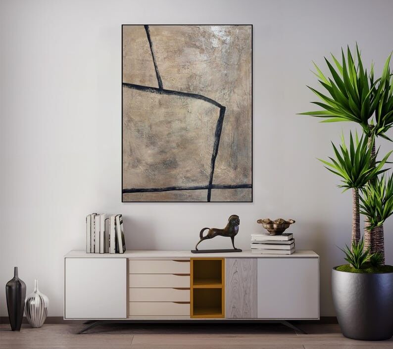Peinture abstraite minimaliste – Art aux lignes neutres sur toile texturée, décoration murale moderne