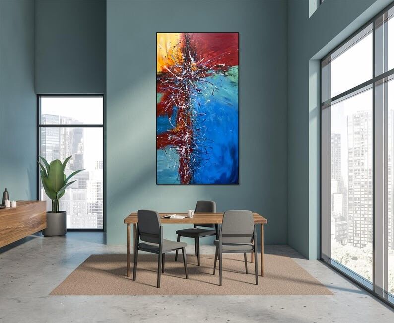 Grande peinture abstraite colorée par éclaboussures – Art mural moderne vertical audacieux sur toile