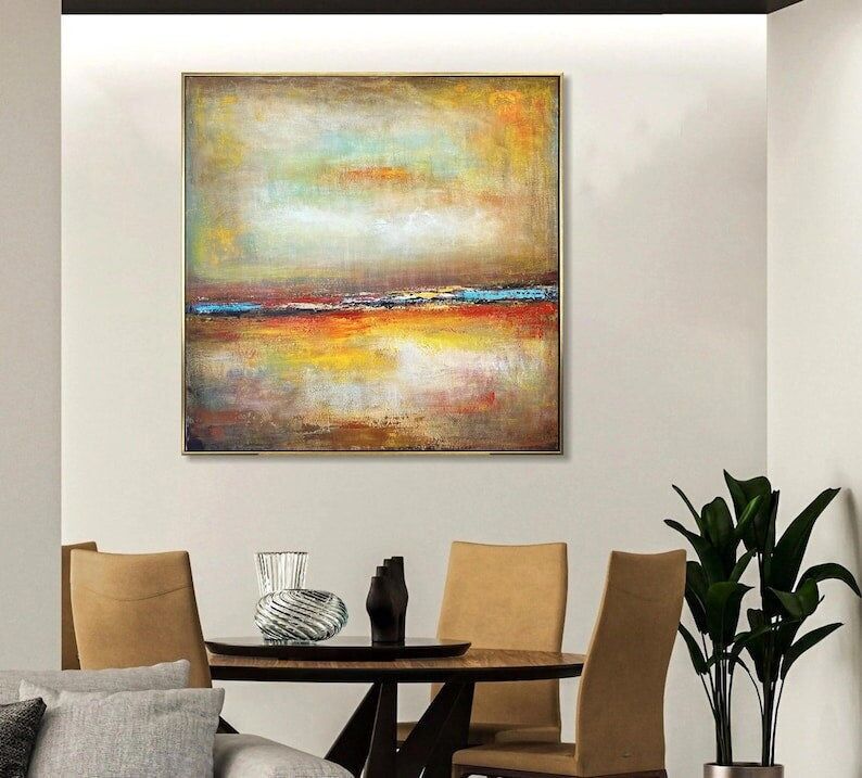 Peinture abstraite de paysage au coucher du soleil chaleureux – Toile texturée à l'horizon jaune et rouge