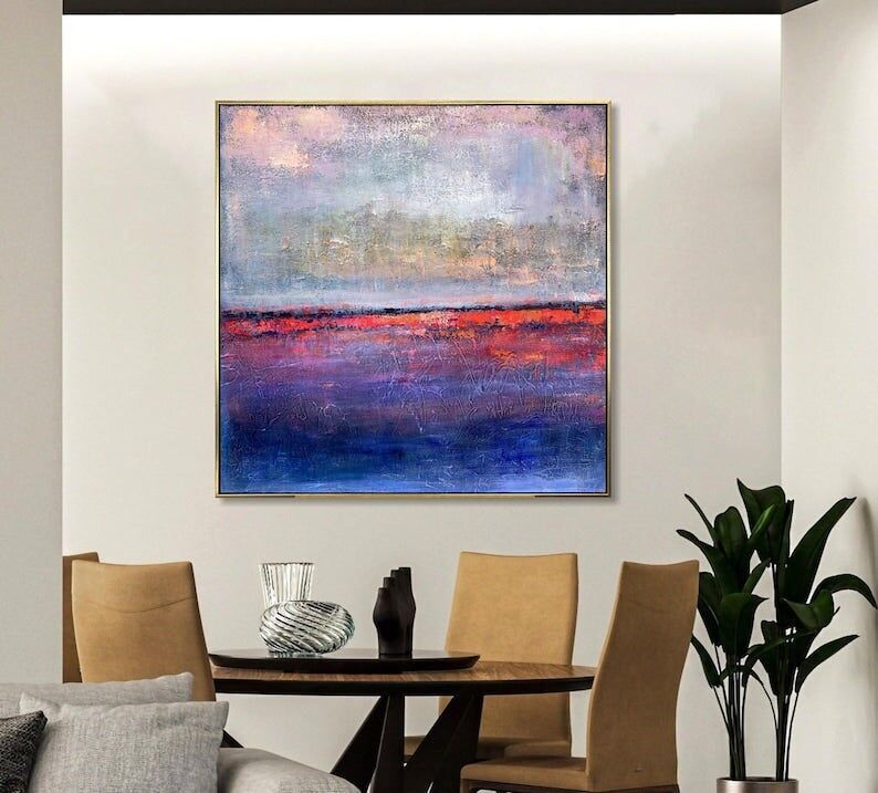 Peinture abstraite de paysage violet et rouge – Grande huile texturée sur toile, art mural moderne