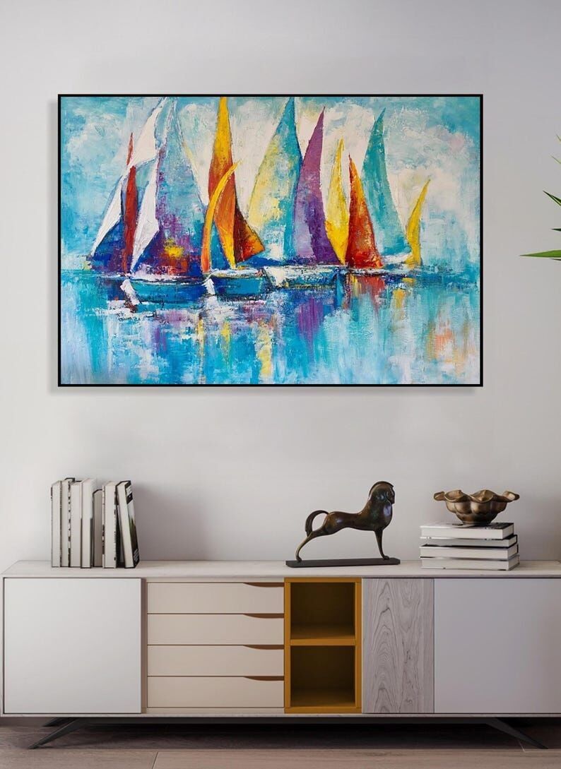 Tableau mural coloré représentant un voilier – Peinture abstraite vibrante sur toile à thème nautique