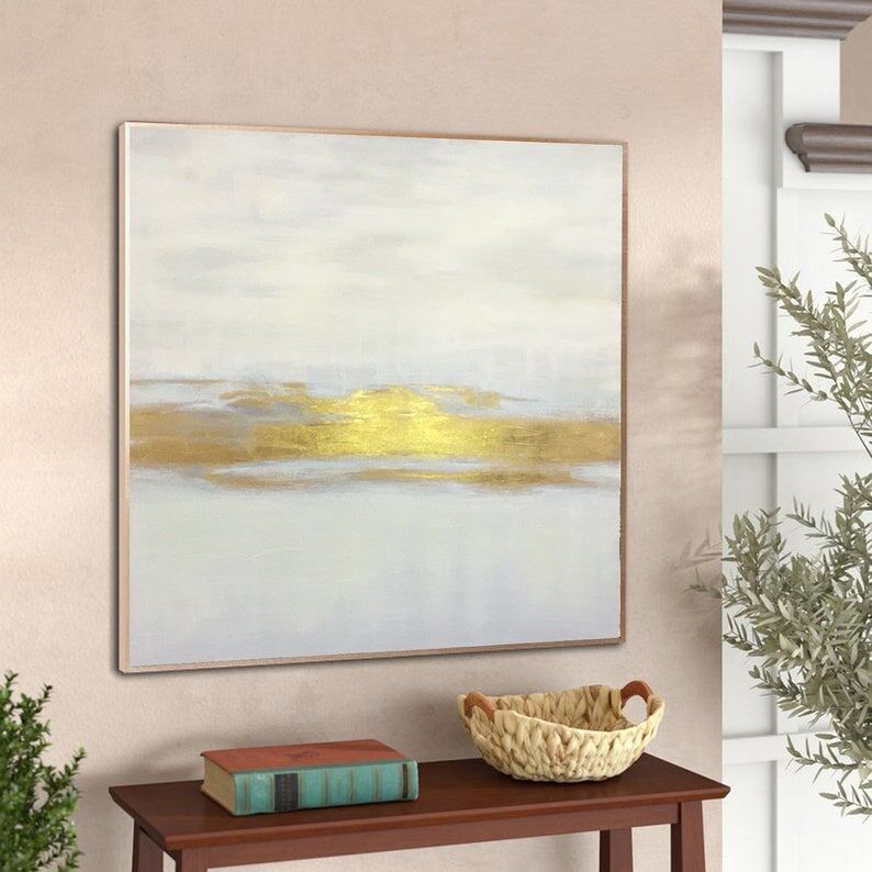 Peinture abstraite Horizon d'or : Art linéaire moderne et luxueux