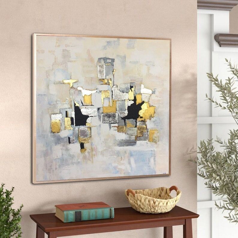 Grande peinture à l'huile abstraite : Toile ornée de feuilles d'argent et d'or