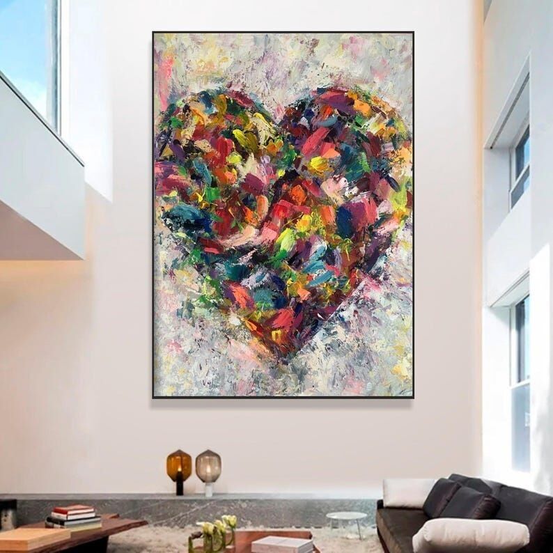 Tableau abstrait coloré en forme de cœur, art mural expressionniste moderne sur le thème de l'amour, pour la décoration intérieure