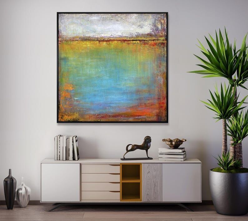 Peinture de paysage abstrait – Grande toile moderne et colorée pour décoration murale