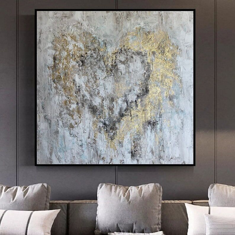 Toile représentant un cœur abstrait | Œuvre d'art murale moderne grise à la feuille d'or