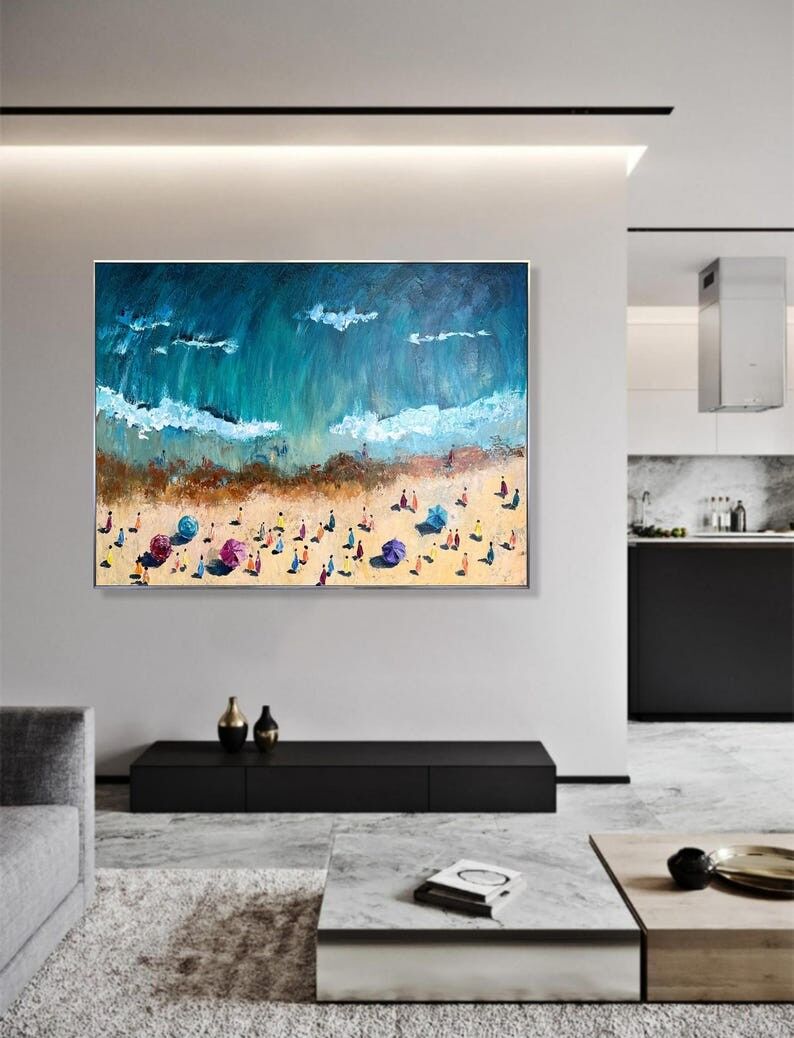 Grande peinture représentant une scène de plage – Décoration murale colorée en bord de mer, toile texturée sur le thème de l'été côtier
