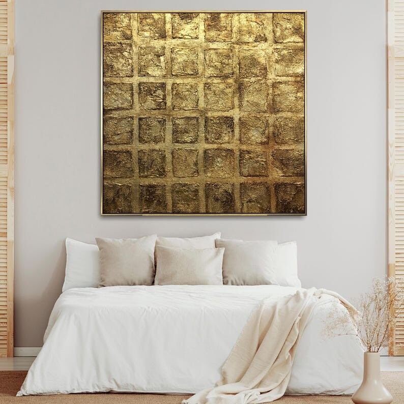 Tableau texturé 3D doré – Toile murale abstraite moderne à motif de grille métallique pour une décoration intérieure luxueuse