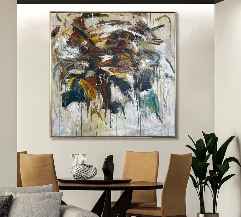 Grande peinture expressionniste abstraite – Art mural moderne texturé aux tons terreux