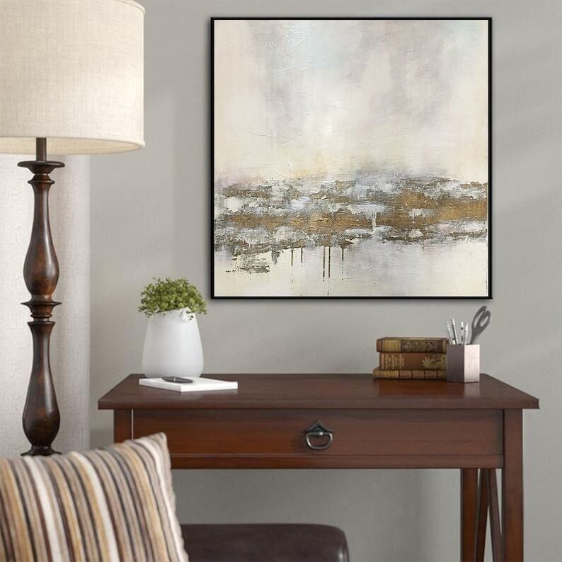 Grande peinture abstraite beige et or, paysage minimaliste sur toile